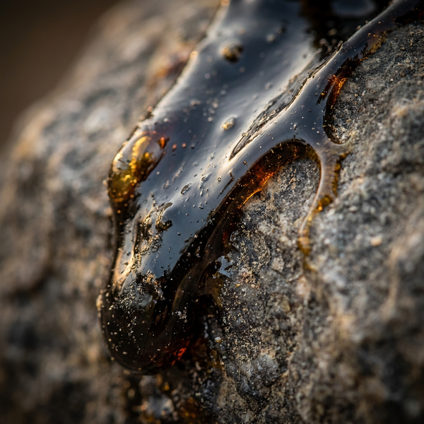 Black shilajit resin on mountain rock