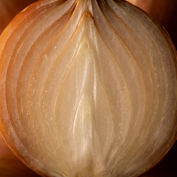 Halved onion, backlit layers